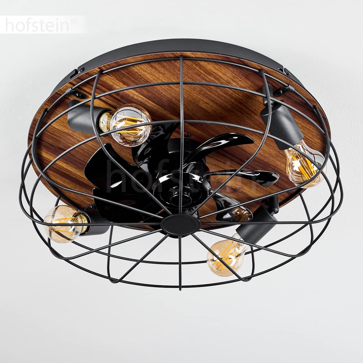 Ventilatore da soffitto Moscavide, ventilatore in metallo/plastica in nero/look legno/marrone con telecomando, plafoniera con spot orientabili, 4 x E27 IP20, senza lampadina/e