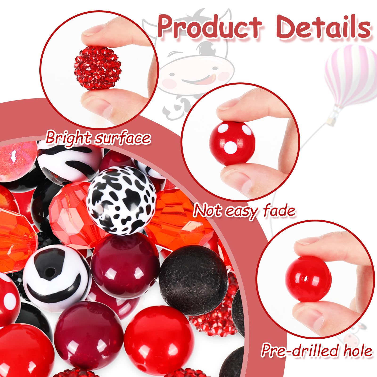 ⭐︎Bead⭐︎ Amazon.com: Waline 50Pcs 20mm Red Cow Mixed Bubblegum & Spacer