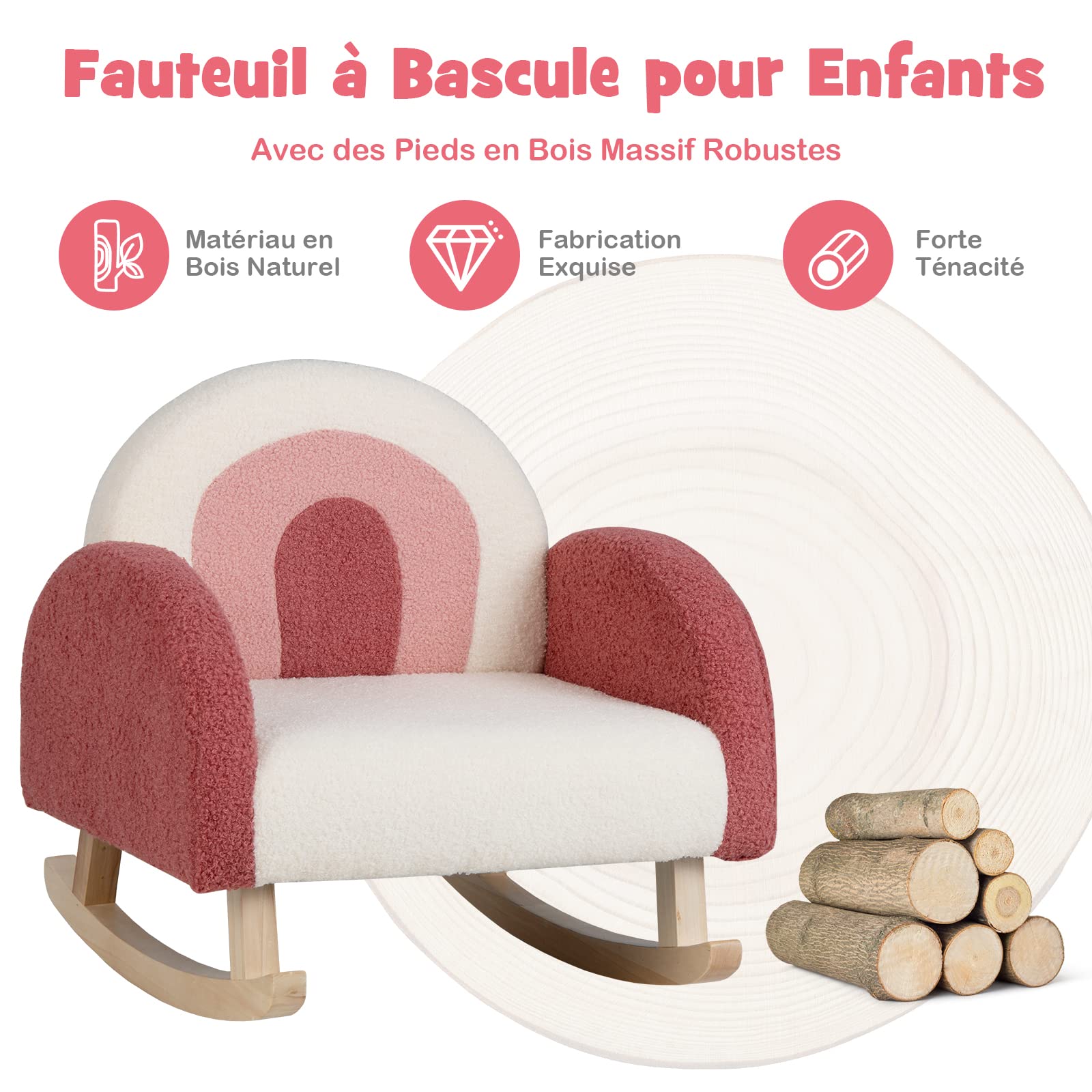 COSTWAY Fauteuil à Bascule Enfant, Fauteuil en Peluche Moderne avec Pieds en Bois de Peuplier à Bascule Massif, Design Anti-Renversement, Aspect Mignon, pour Enfant de 3 à 5 Ans (Rose)