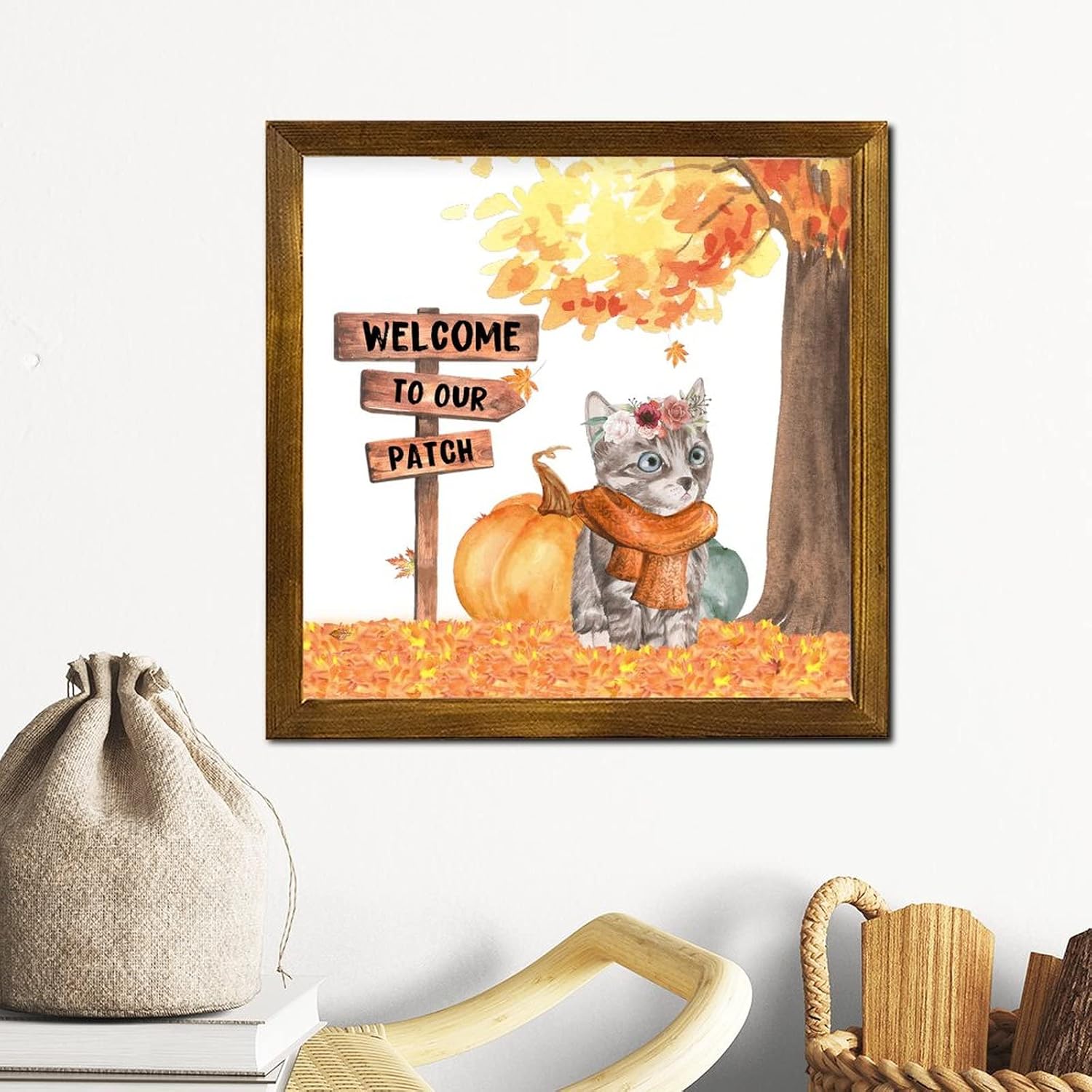 Welcome to Our Patch Wooden Framed Signs Pumpkin Cat Maple Leaves Welcome Sign Farmhouse Harvest Thanksgiving Wall Decor Hanging Plaque Sign for Home Room Office Garden Kitchen 12x12 inch