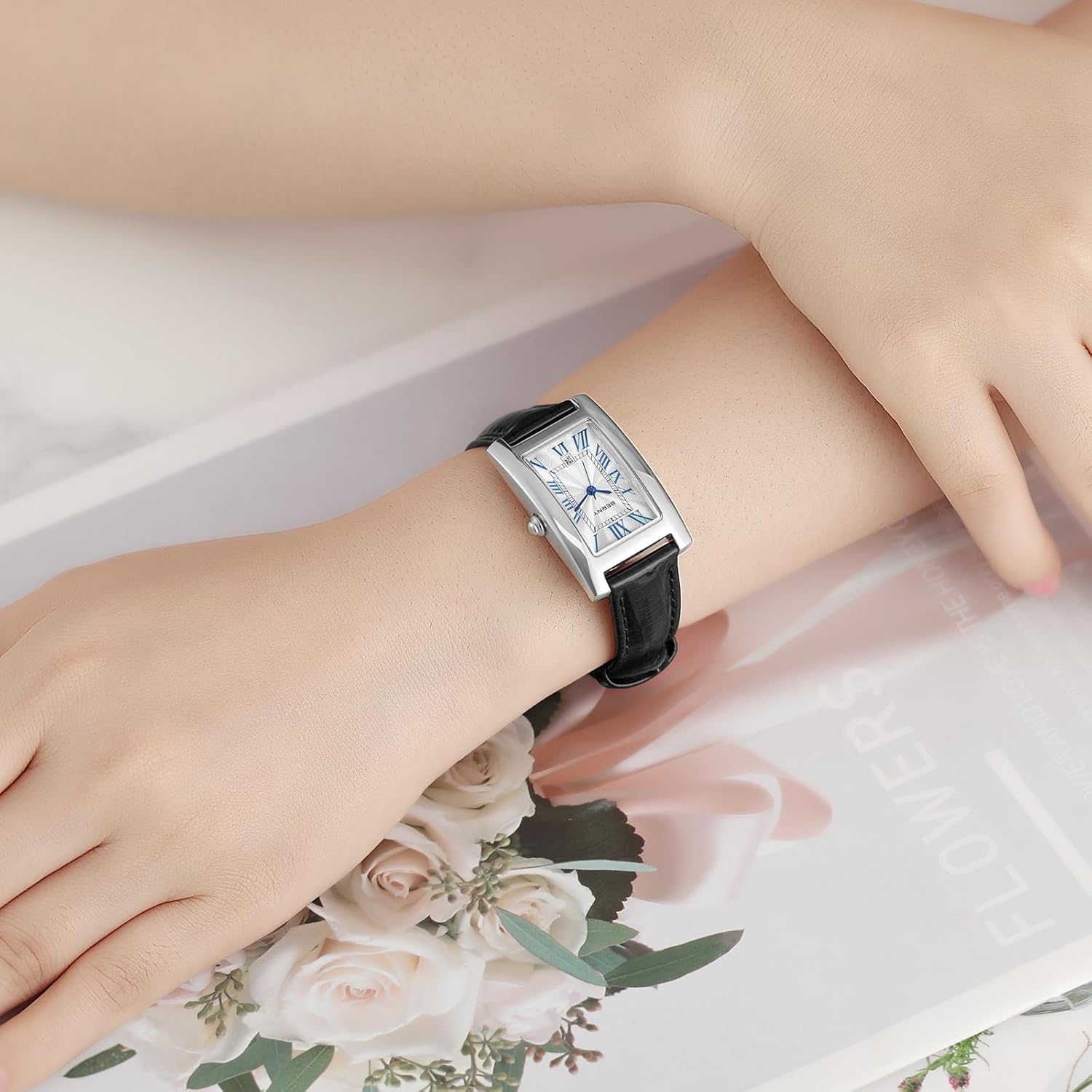 BERNY Rectangular Quartz Watch with for Women Classic Roman Numeral Markers Ladies' Casual Analog Wristwatch with Date Calendar Waterproof Genuine Leather Strap - Image 5