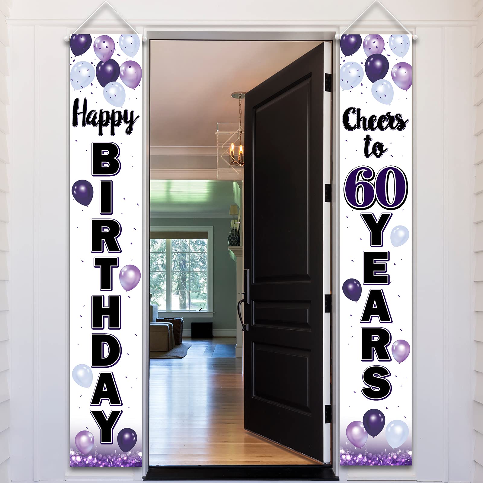 LASKYER Happy 60th Birthday Decorations,60th Purple Balloon Birthday Theme Door Hanging Banner Sign,Cheers to Sixty Years Old Bday Party Supplies.