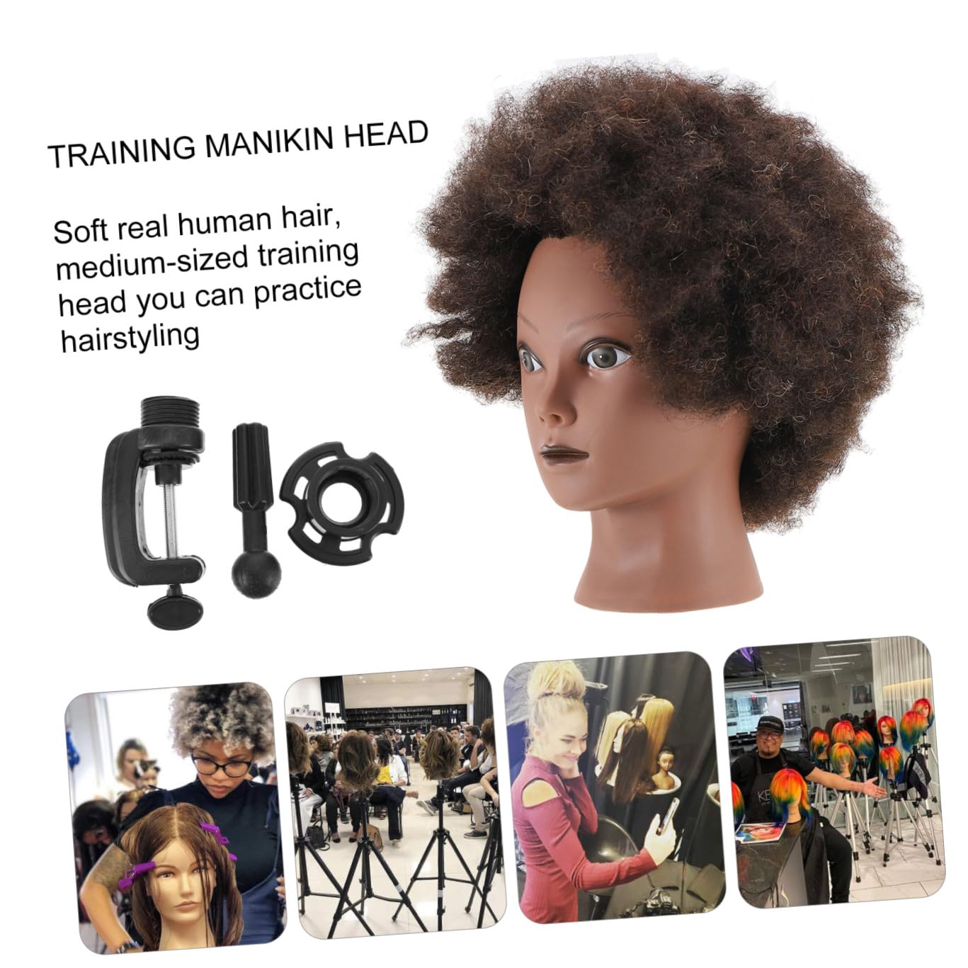 Afrikanischer Mannequinkopf Trainingspuppenkopf mit Schwarzem Haar | Friseurbedarf für Barber und Haarstyling Training, Dichtes Haar, Fest Eingesetzt, Kunststoff Haar
