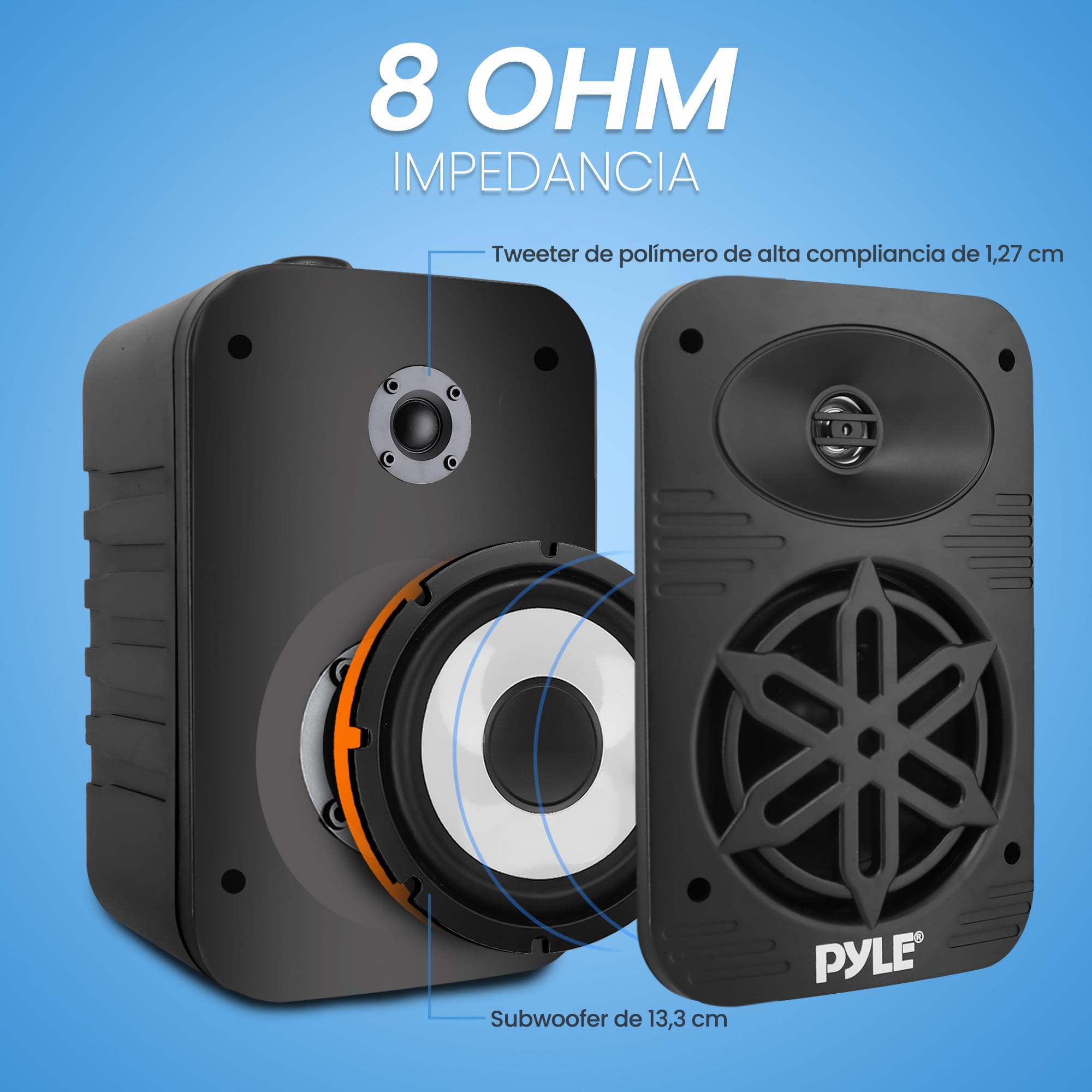 Pyle Altavoces, 500V, Interiores y Exteriores, A Prueba de Agua, 2 vias con bocina de 5.25”, Tweeter de ½, para el hogar, Barco, Zona Marina, Terraza, Patio o Piscina