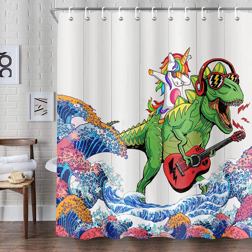 Funny Shower Curtain, Cool Dinosaur Japanese Ocean Wave Shower Curtains for Kids Children, Unicorn Fun Shower Curtain, Rustic Wooden Farmhouse Fabric Shower Curtains Bathtub Decor (72X72inch)