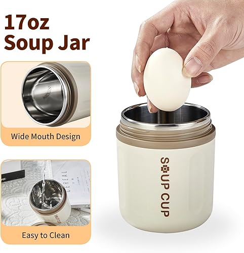Miniatura 22 de Tarro aislado para alimentos con cuchara, recipiente térmico para alimentos fríos y calientes de 17 onzas, boca ancha, a prueba de fugas, acero