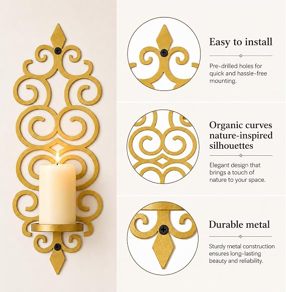 OYEFLY Wall Candle Holder Set of 2 Metal Wall Candle Sconces for Living Room Bedroom Dining Room Botanical Iris Inspired Decor Gold Metal 5.35 x 3.15 x 14.57 Inch (Gold)
