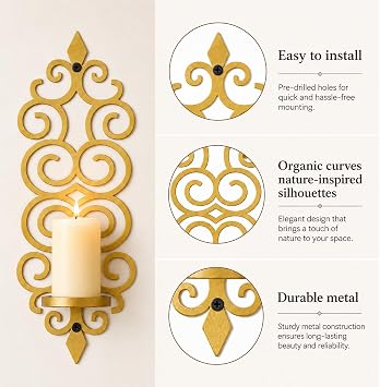 OYEFLY Wall Candle Holder Set of 2 Metal Wall Candle Sconces for Living Room Bedroom Dining Room Botanical Iris Inspired Decor Gold Metal 5.35 x 3.15 x 14.57 Inch (Gold)