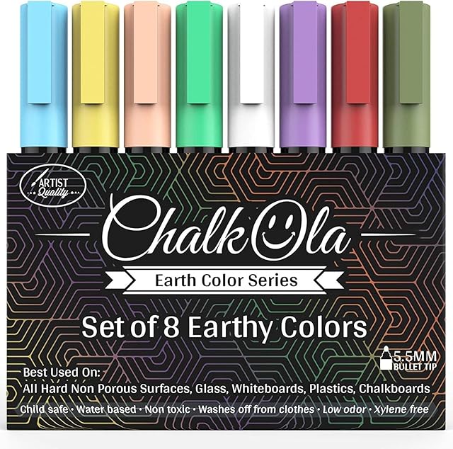 Chalk Pens - Pack of 8 Earth Colour Markers - Use on Whiteboard, Chalkboard, Window, Blackboard, Bistros Glass - 6mm Reversible Bullet & Chisel Tip