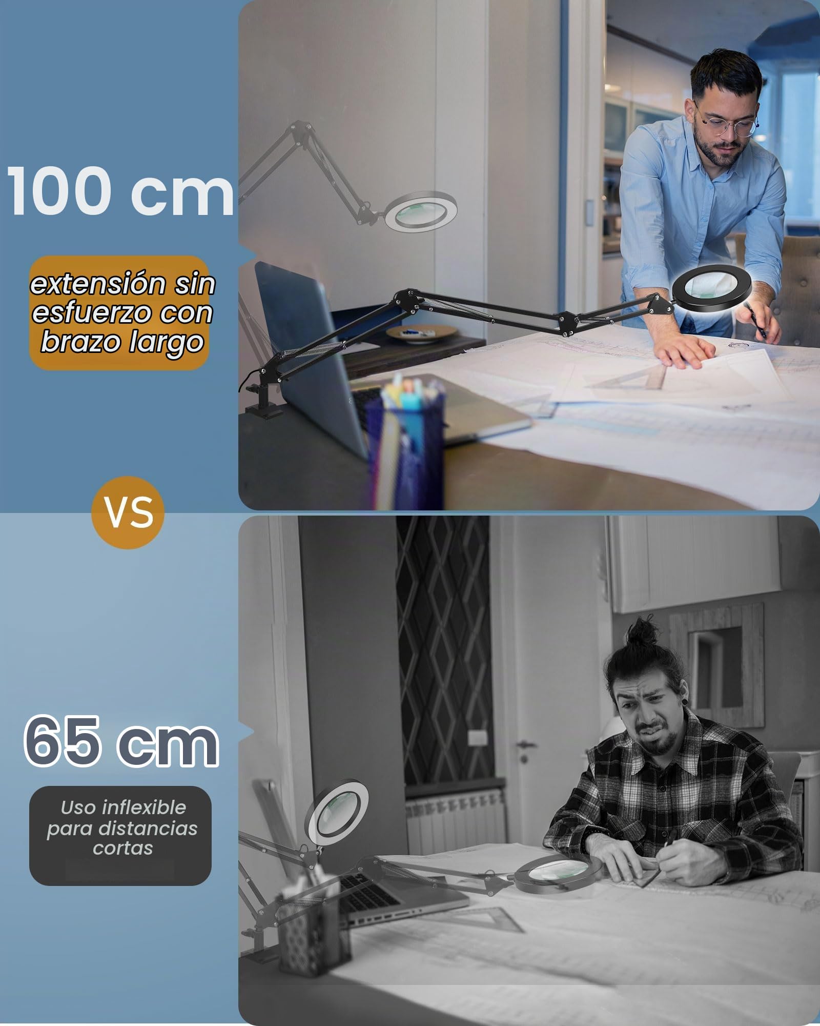 Lupa con luz y Brazo Extensible - sin Restricciones de Sspacio, Lupa con luz led para Manualidades de Vidrio con luz Ajustable y Abrazadera Estable, paraTrabajos de Aguja y Lectura