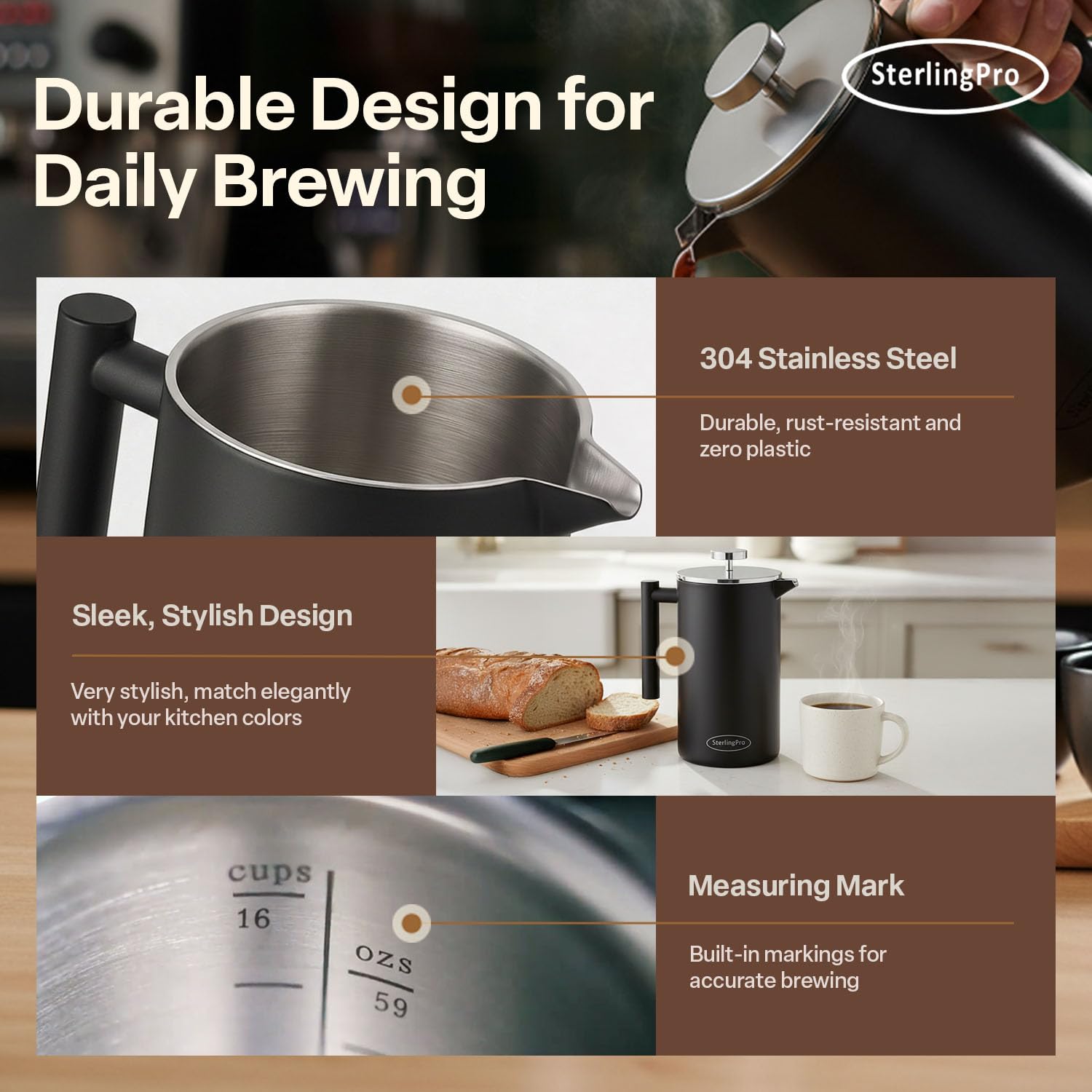 SterlingPro French Press Coffee Maker-Double Walled Large Coffee Press with 2 Free Filters- Granule-Free Coffee, Stylish Rust Free Kitchen Accessory-Stainless Steel French Press (1,75 l, Black)