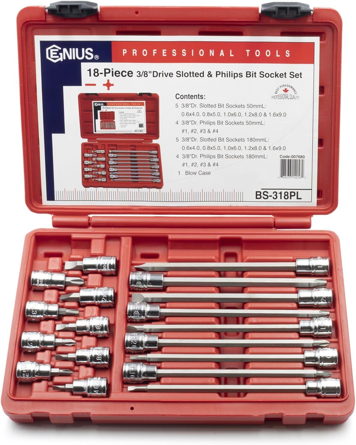Genius Tools 18 Piece 3/8" Dr. Slotted & Philips Long Bit Socket BS-318PL