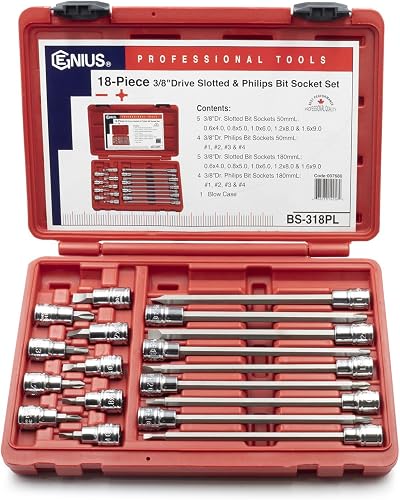 Genius Tools 18 Piece 3/8" Dr. Slotted & Phillips Long Bit Socket BS-318PL