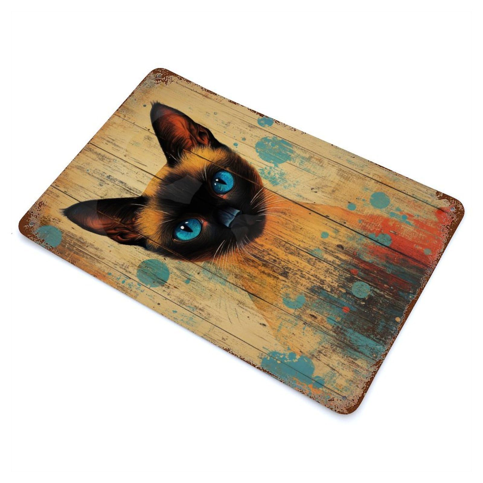Siamese Cat Portrait on Wood Rust Effect Tin Sign 11.8"x7.9", Old School Wall Decor for Living Room, Hallway And Home Decor