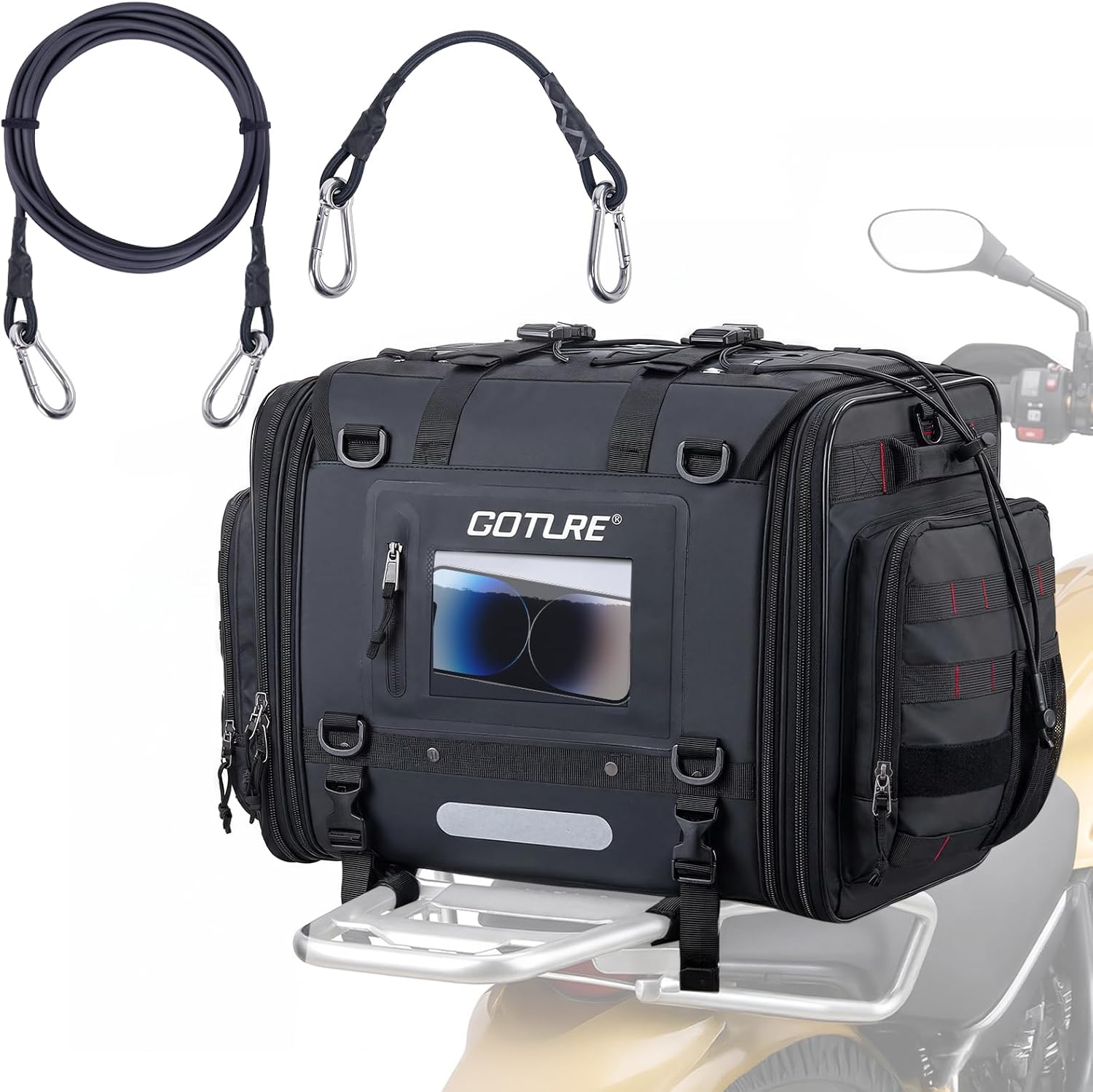 Goture 50L-70L Expandable Motorcycle Tail Bag, 1000D High-Tenacity Motorcycle Luggage Bag, Water-Repellent Motor Cycle Rear Seat Bag for Touring Cruisers with Rain Cover & Bungee Straps