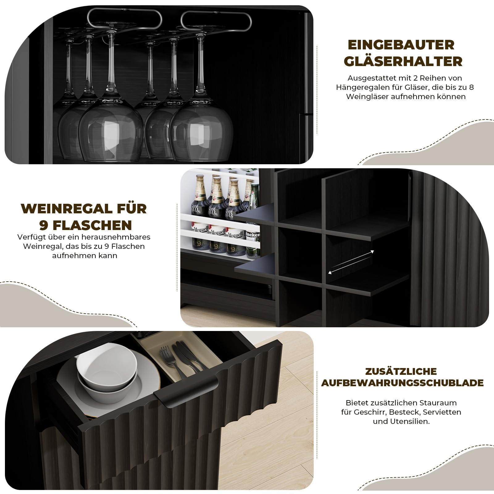 Kaffeebar-Schrank mit integriertem Kühlschrank, geriffelter Weinschrank mit Weinregal & Gläserhalter, Buffet Sideboard mit Spirituosenschrank, Schublade & Stauraum, Hausbar, Schwarz