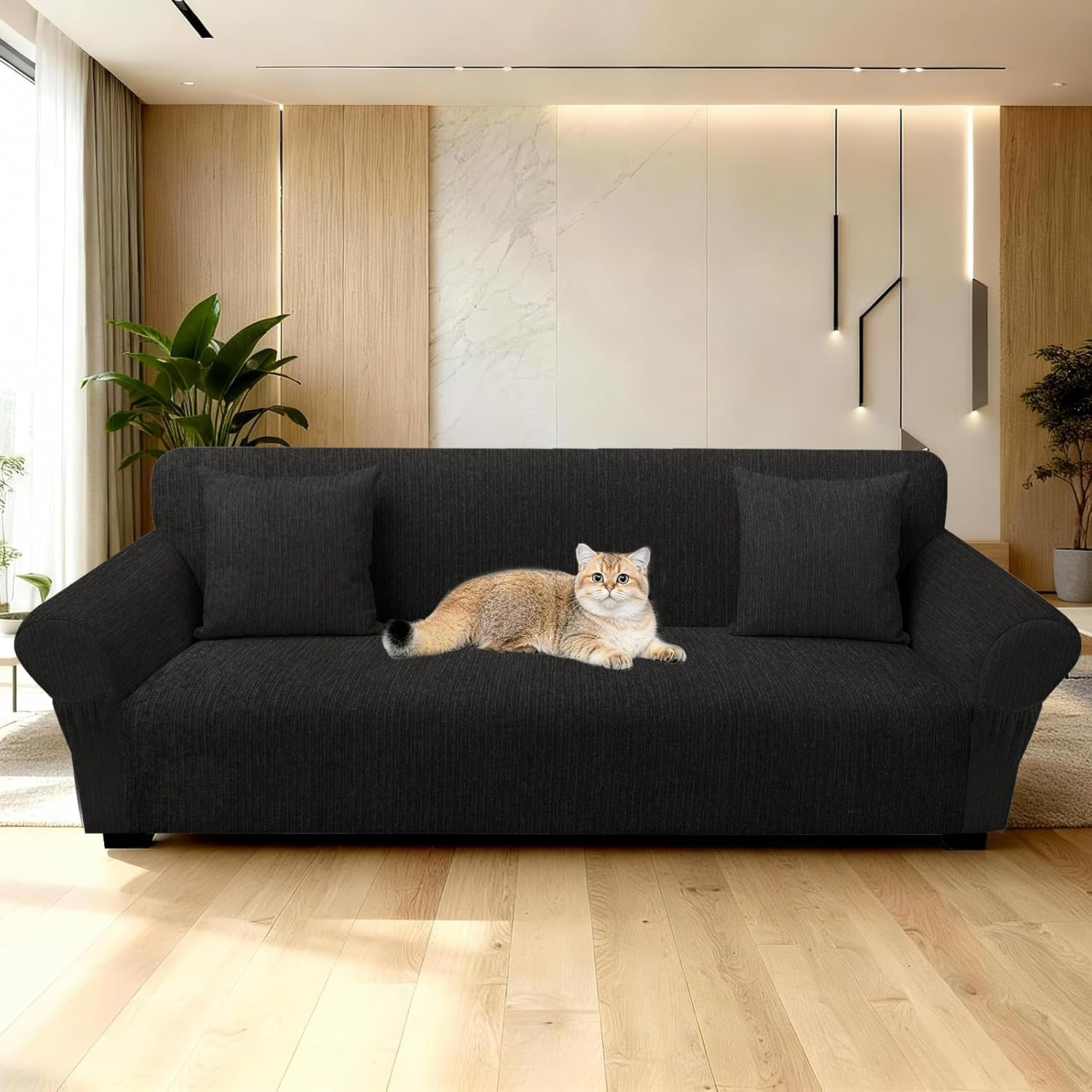 Sofa Slipcover with 2 Pillow Cover for 3 Cushion Couch, Non Slip Furniture Protector with Elastic Bottom, Washable Oversized Sofa Cover for Kids, Pets (Oversized Sofa, Black)