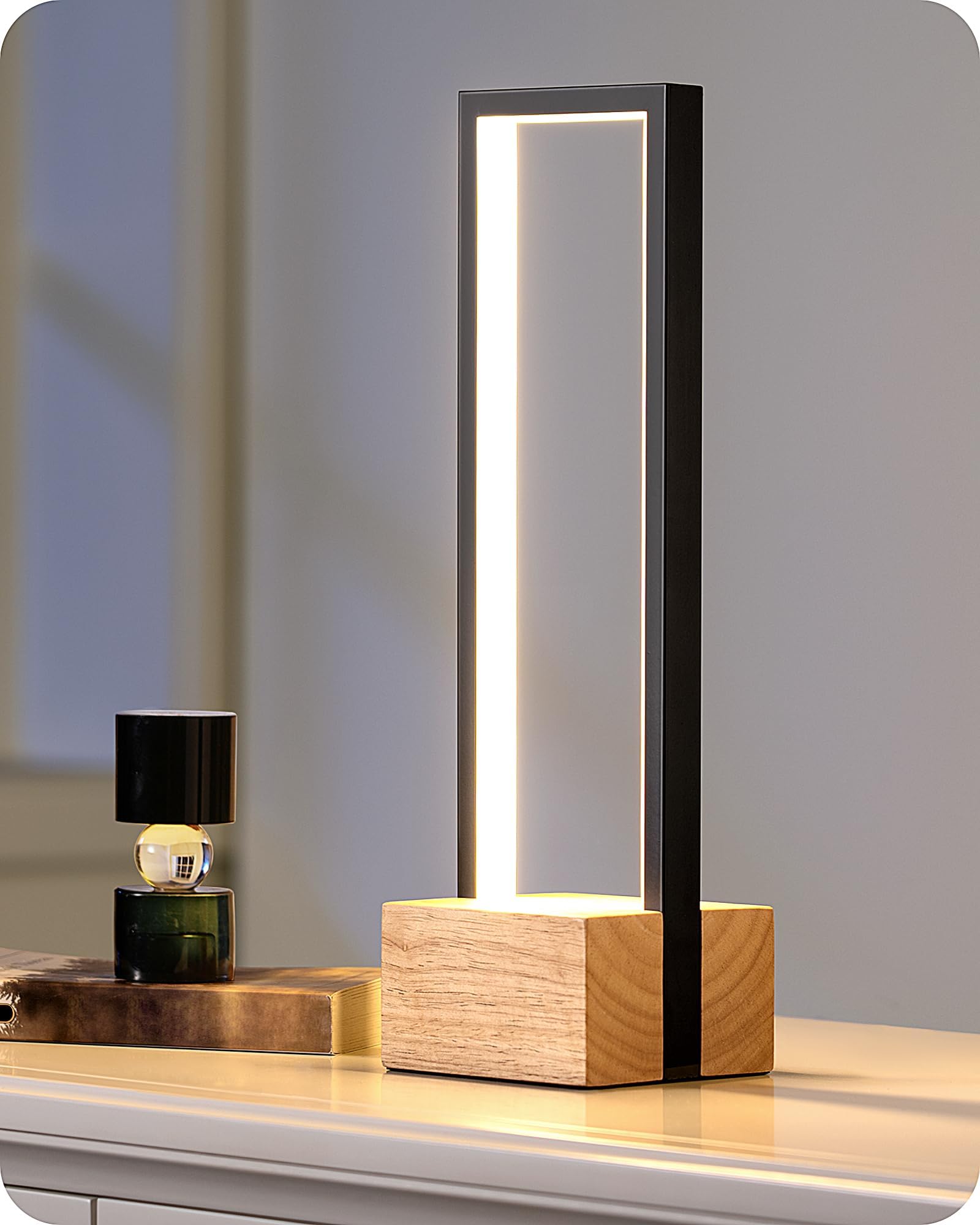 EDISHINE LED Tischlampe, Holzsockel, Touch-Dimmer, 3 Farbtemperaturen | 10 W Nachttischlampe mit Metallrahmen, Touch-Dimmer, 350 Lumen für Schlafzimmer, Wohnzimmer, 35 cm