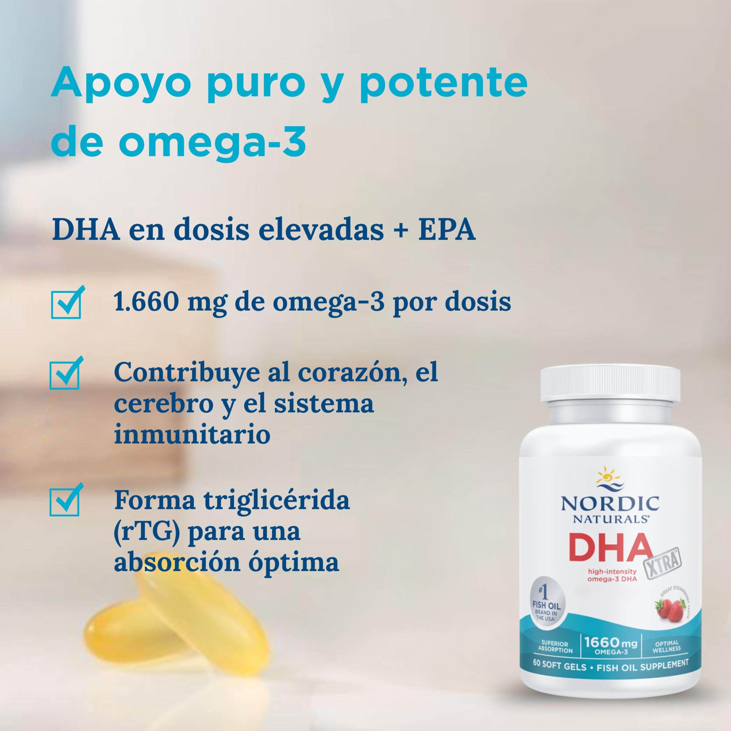 Nordic Naturals DHA Xtra 1660 mg, cápsulas de Omega 3 de alta potencia con aceite de pescado y EPA y DHA, sabor fresa, 60 cápsulas blandas, sin soja, sin gluten