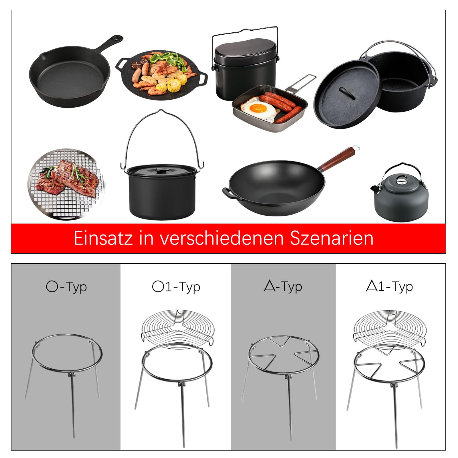 Topfgestell für draußen Lagerfeuerstativ zum Kochen – Lagerfeuer Kochausrüstung Dreibein-Lagerfeuerständer für den Außenbereich Lagerfeuerständer Dreibein-Grillständer aus Edelstahl kompakte (O1-Typ)