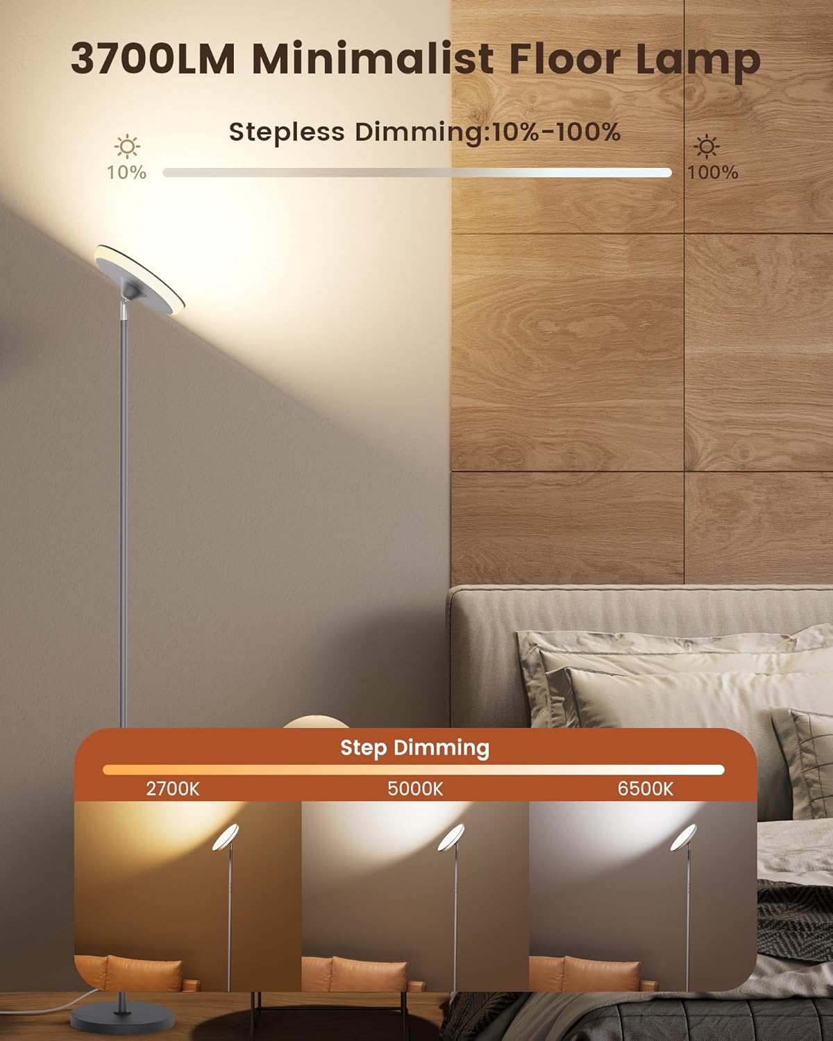 42W Floor Lamp, 3700LM Super Bright Standing Lamp with Remote & Touch Control, 2700K-6500K Dimmable Torchiere Lamps for Living Room, with RGB Ambient Lighting, Grey