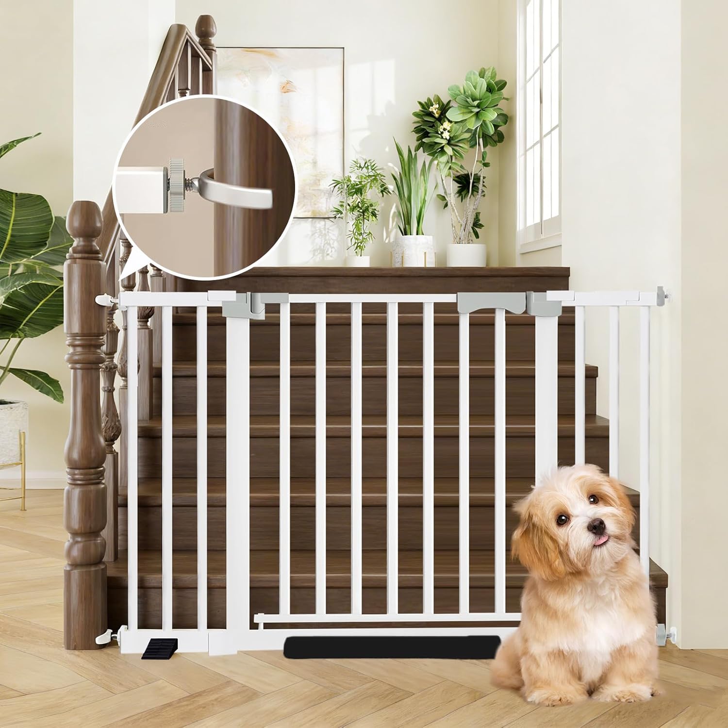 29.9-46" Wide Baby Gate for Door & Stair Safety Gate for Baby Dogs and Pets with 3 Extensions Adjustable Steel Barrier for Doorways and Hallways Easy Install White