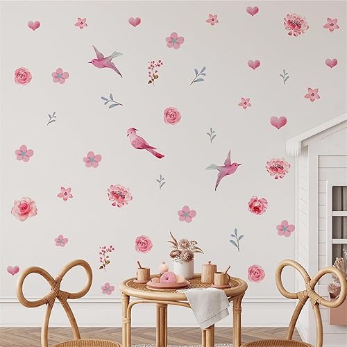 Miniatura 5 de 60 calcomanías de pared de peonía de colibrí rosa, flores de rosas de sacinora DIY, calcomanías de pared de arte floral removibles para sala de