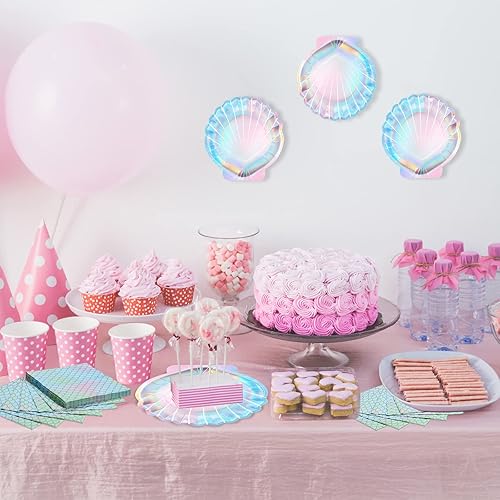 Miniatura 3 de Cunhill 96 platos y servilletas de sirena para fiesta, platos de concha de mar de 7 pulgadas y 9 pulgadas, platos de fiesta de sirena y servilletas