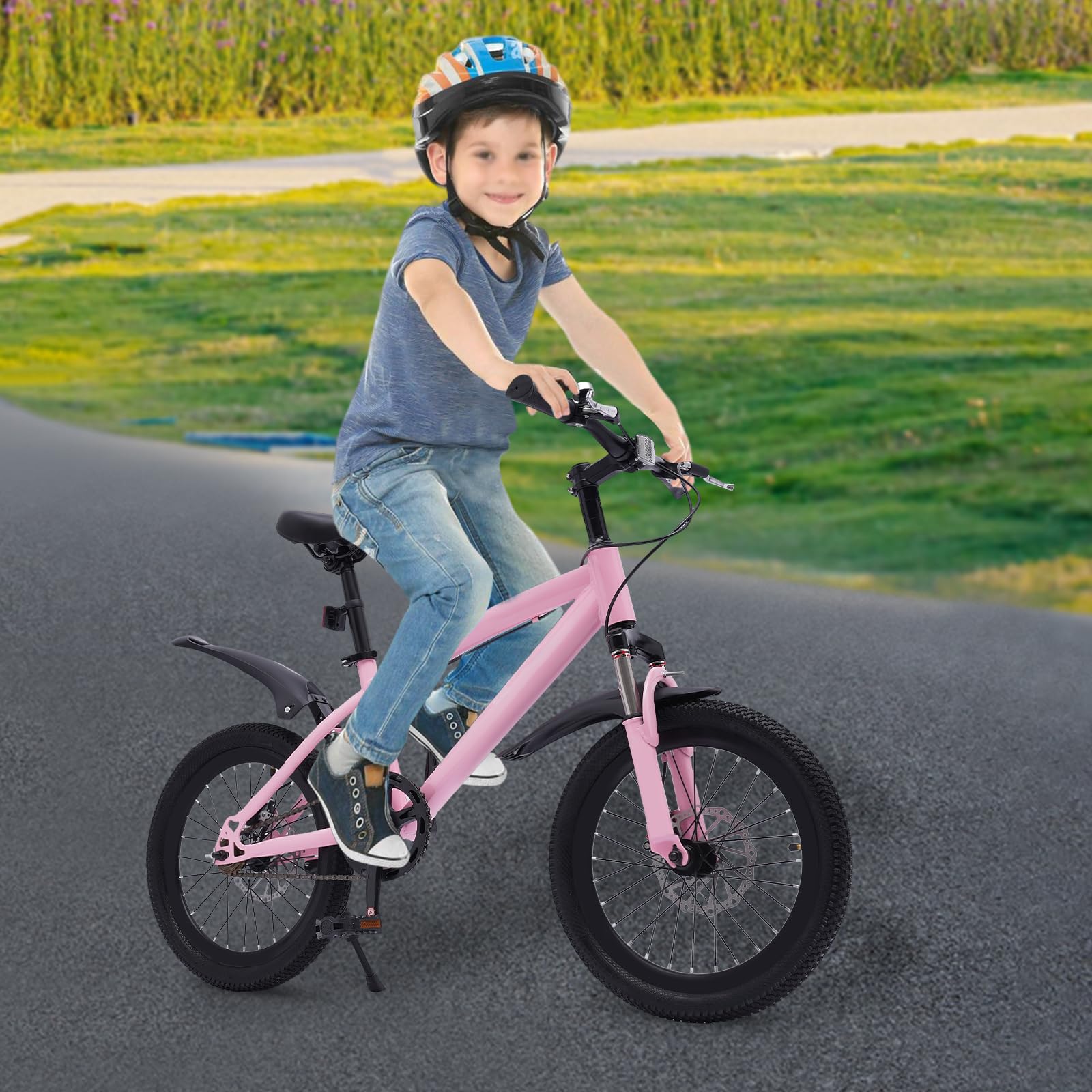 Bicicleta de montaña 18 pulgadas niños guardabarros reflectores freno pedal rosa negro