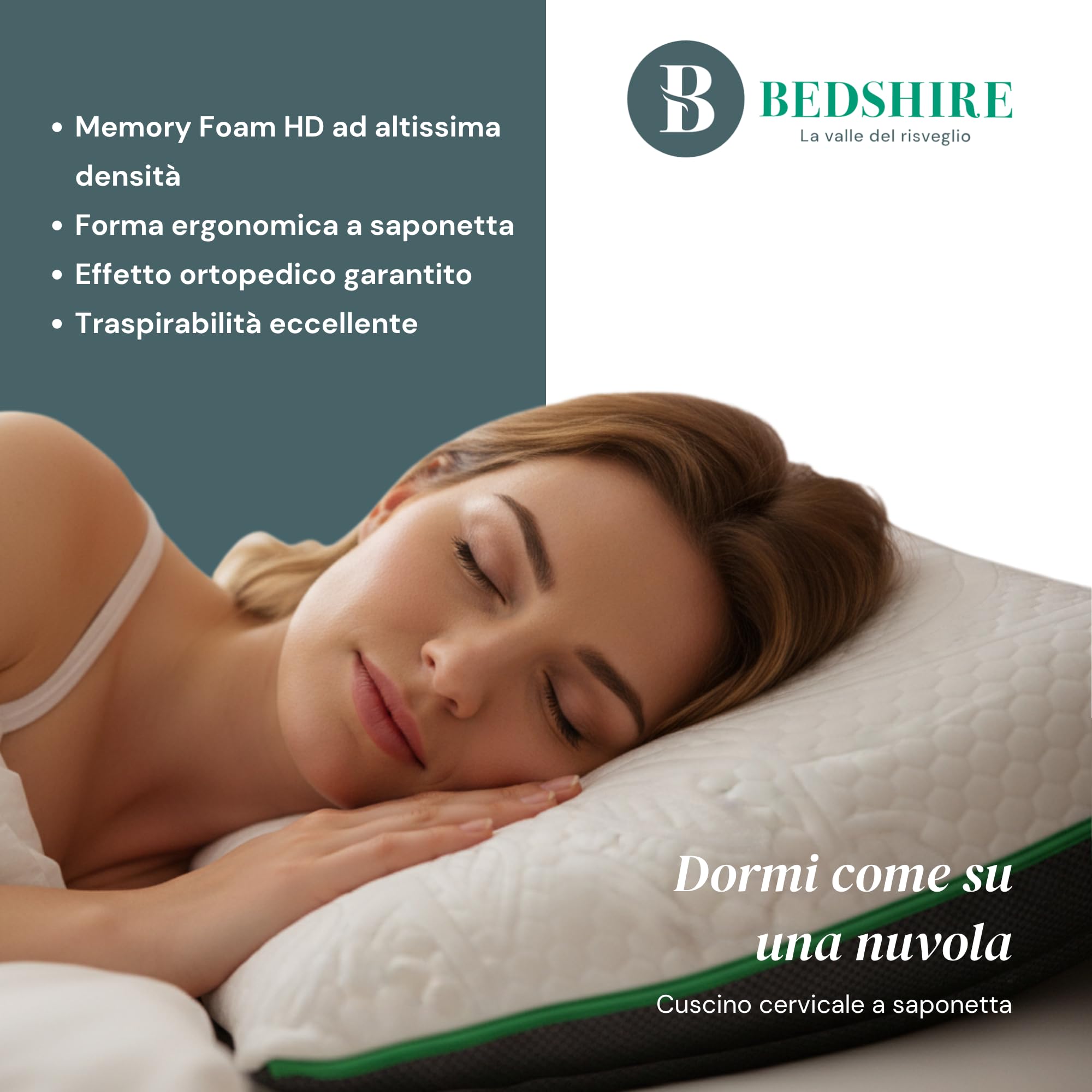 Bedshire Pillow Coppia Cuscini Cervicale Ortopedico Guanciali con Imbottitura in Memory Foam HD e Federa in Cotone Sfoderabile Alti 13 cm da Letto Ergonomico per Collo Made in Italy 100%