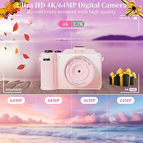 Miniatura 2 de Cámara digital 4K para fotografía de 64 MP con enfoque automático Vlogging, cámara WiFi para video de YouTube, cámaras compactas de disparo de