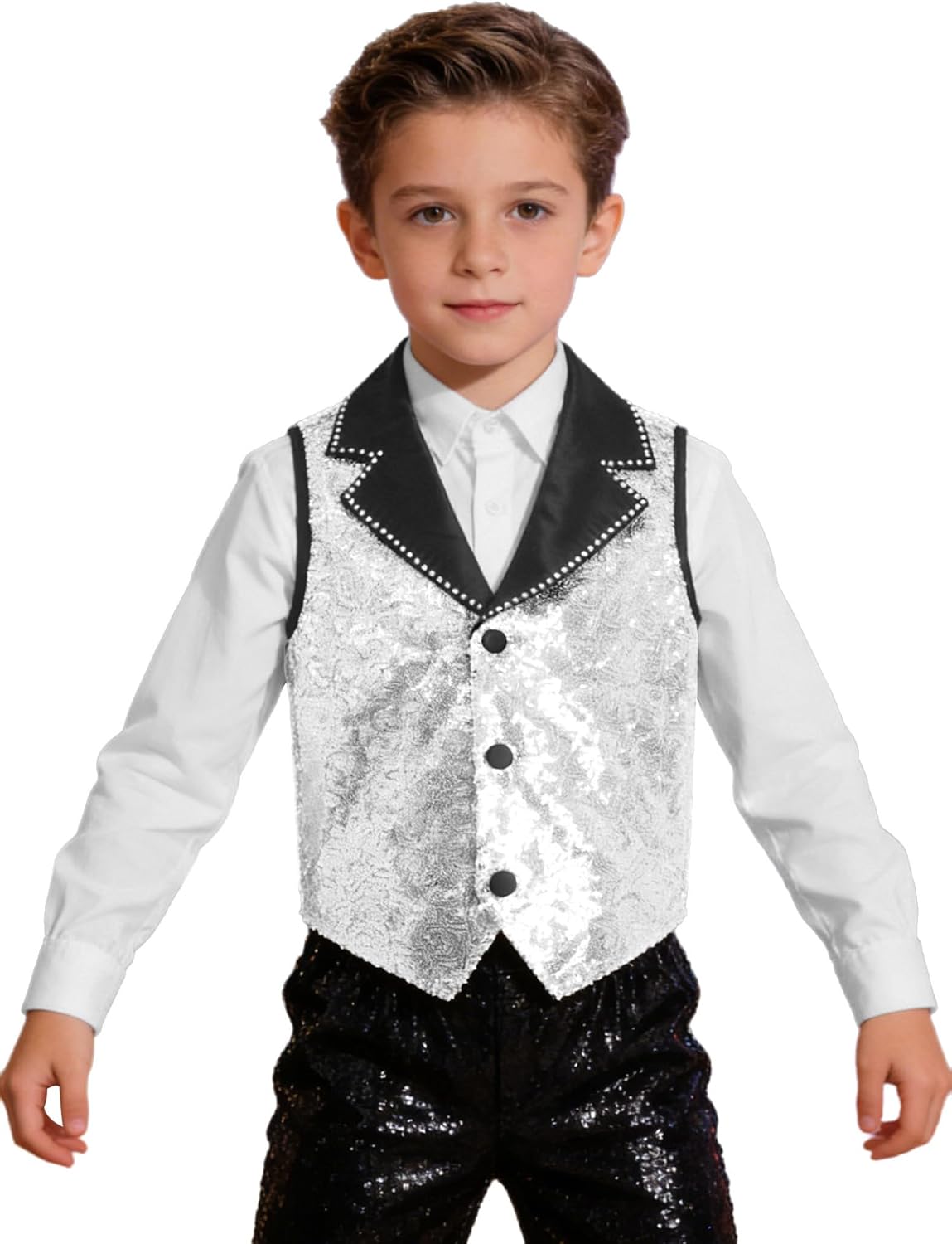 DINORMIN Kids Boys Sparkly Coat Sequin Blazer Vest Latin Jazz Dance Performance Tops Formal Suit Glitter Waistcoat