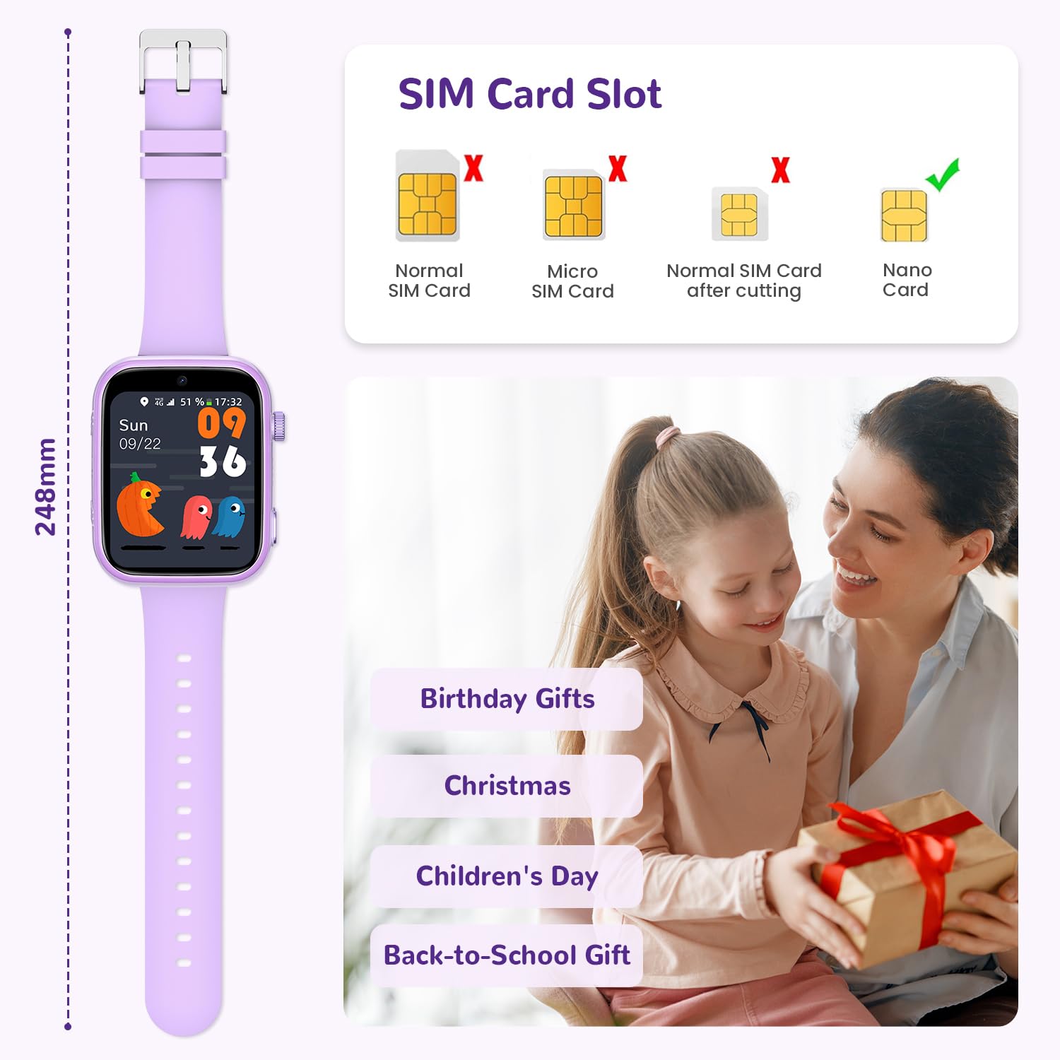 4G Smartwatch Bambini con Chiamate, Videochiamate, Chat Vocale, WiFi, GPS, SOS, SMS, Impermeabile IP68, modalità Scuola e Contapassi, Schermo HD da 1.83'' Viola