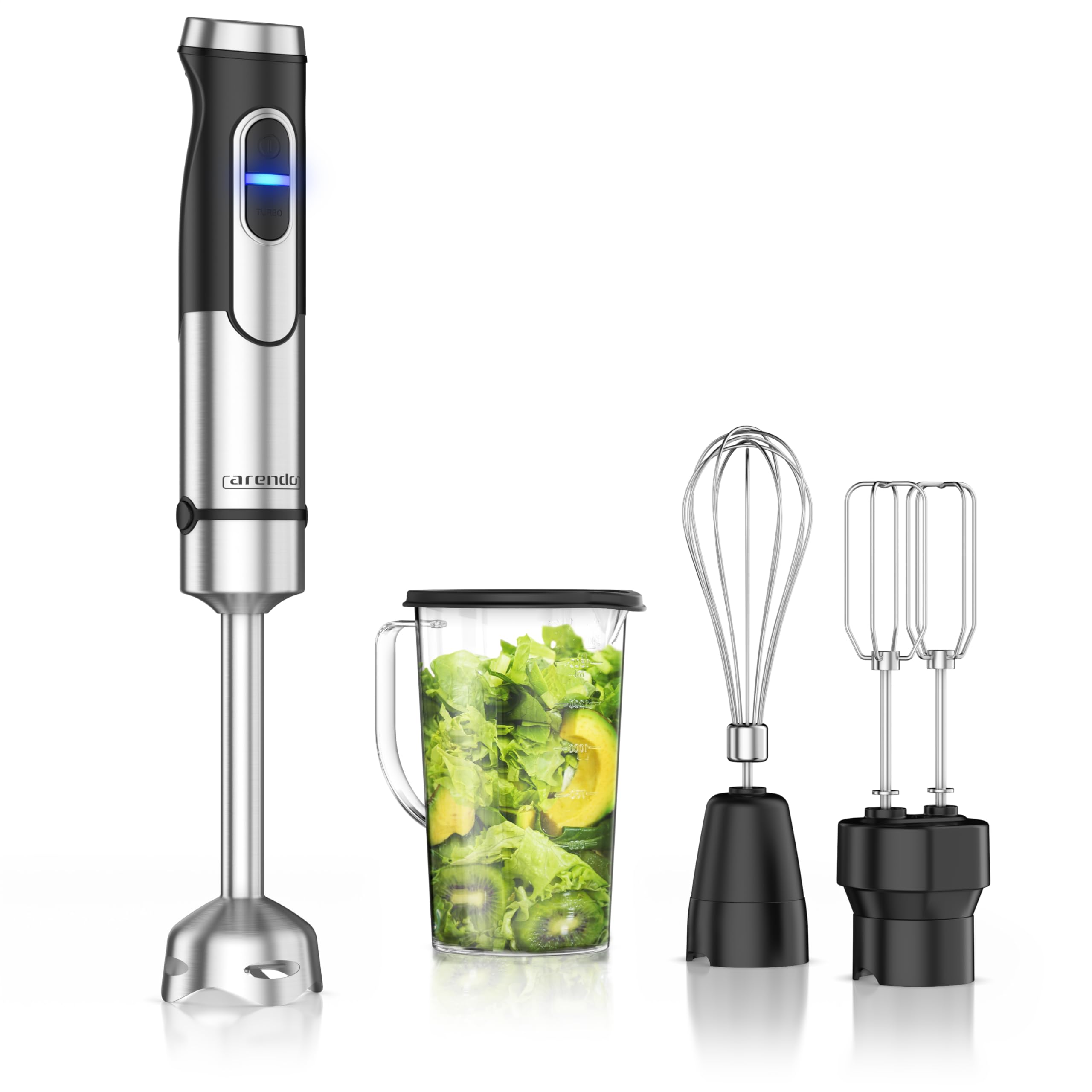 Arendo - Stabmixer Edelstahl 1500 Watt Set - Pürierstab - Turbotaste – 4 flügeliges Messer - Schneebesen – Doppel-Rührquirl