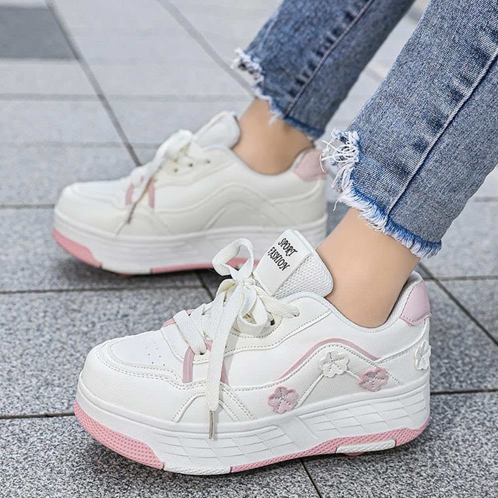 Pattini A Rulli in Stile Floreale, Scarpe per Pattini A Rulli per Ragazza Ragazzo, Quattro Ruote Trainer Pattini A Rulli Adulti Adolescenti Unisex con Ruote Posteriori Ritirabili,Pink-EU34