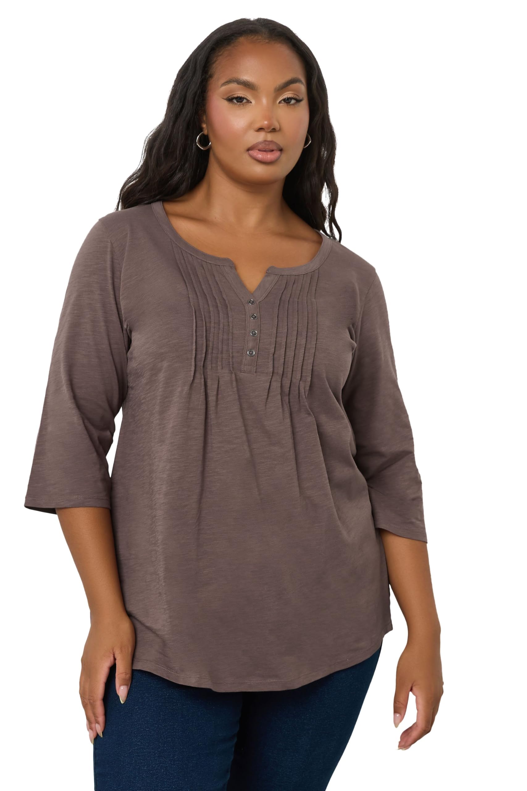 Yours Curve Mocha Pintuck Henley Top - Women's - Plus Size Curve