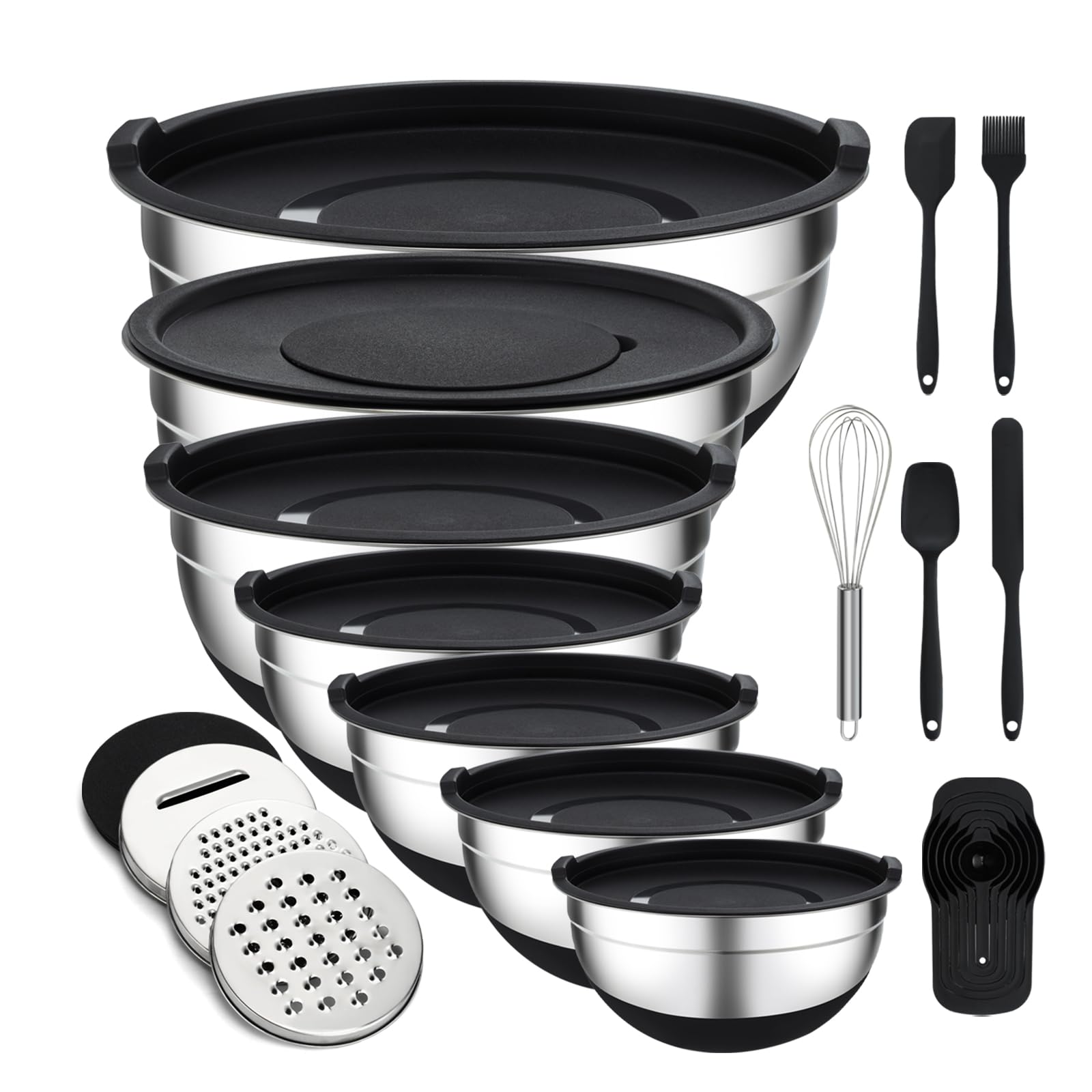Mixing Bowls with Lids Set - 7 Pcs Stainless Steel Mixing Bowls with 3 Grater Attachments, Non-Slip Silicone Base Mixing Bowl Set for Kitchen
