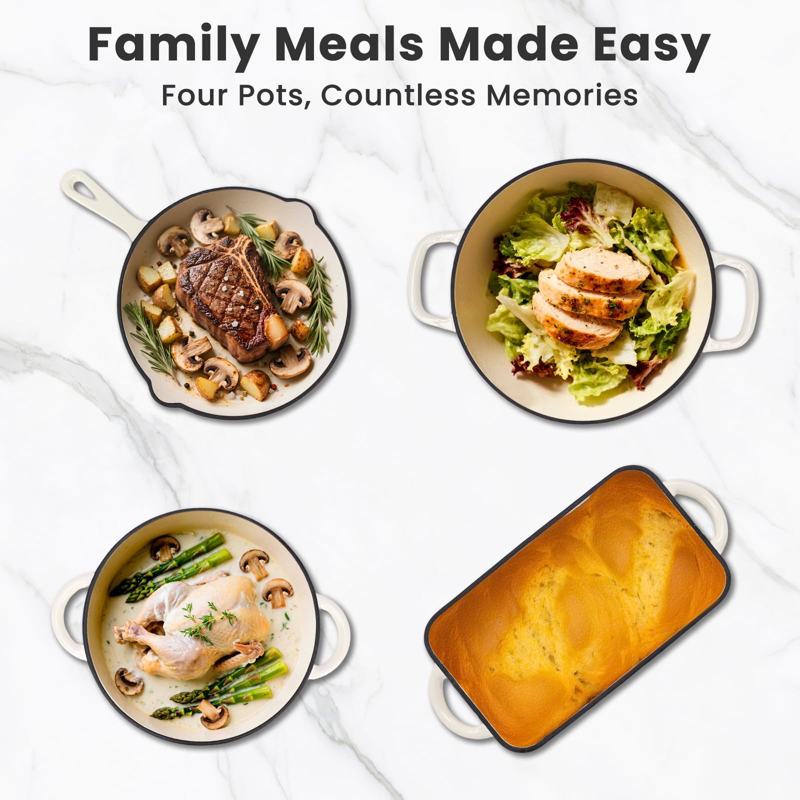 GFTIME Set de vaisselle en fonte émaillée 5 pièces, set de casseroles et poêles, cocotte avec couvercle, fournée hollandaise 2,3 QT, poêle à frire 28 cm, moule à pain, résistant au four, pour tous les