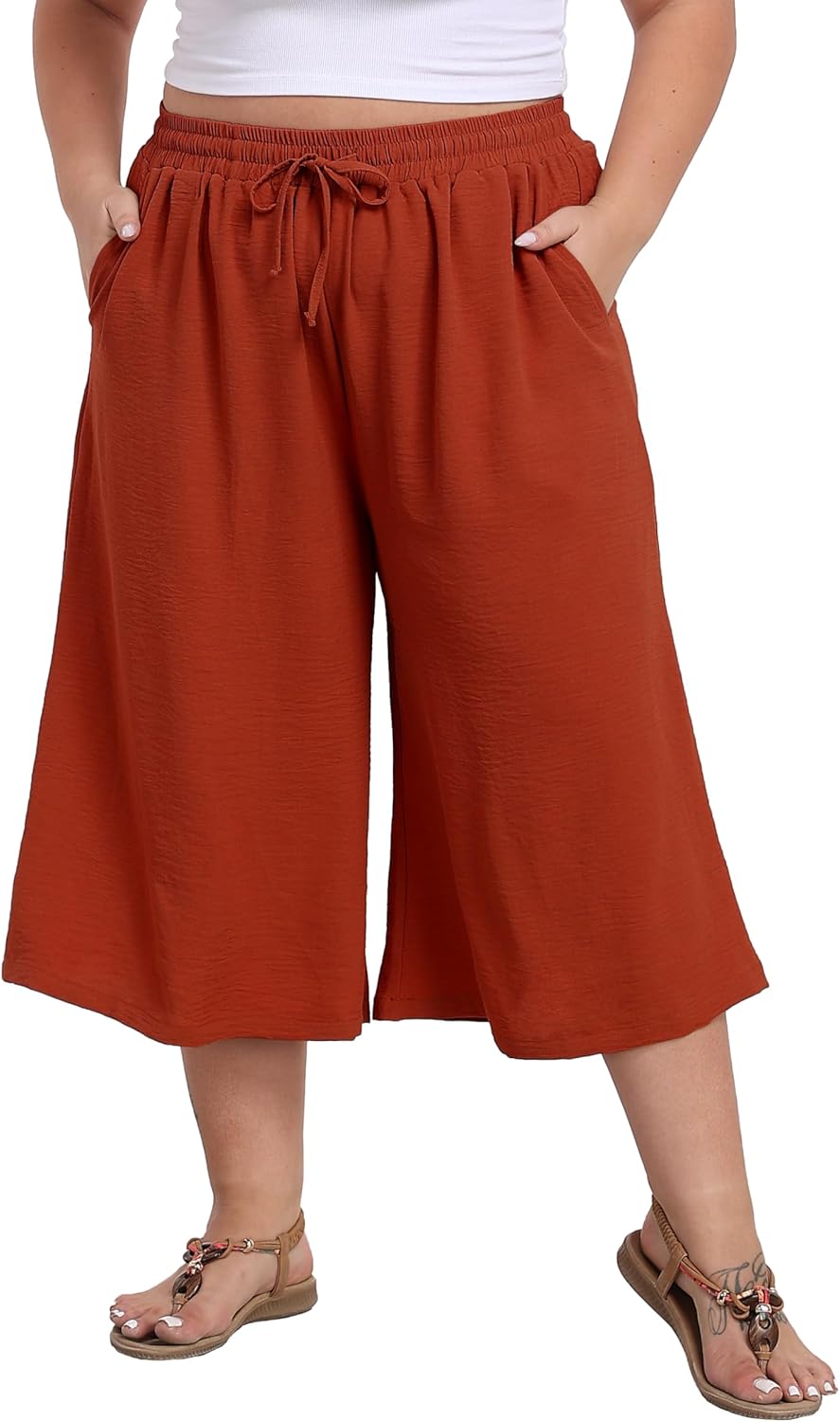 LIGHTBACK Women's Plus Size Wide Leg Capri Pants Loose Lounge Cropped Culottes Summer Casual Palazzo Pants with Pockets - Image 3