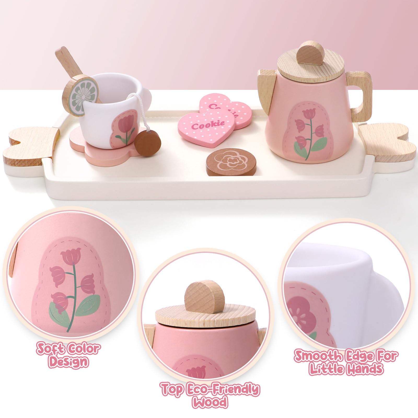 Atoylink Wooden Tea Set For Little Girls 26 Pcs Toddler - Main Image