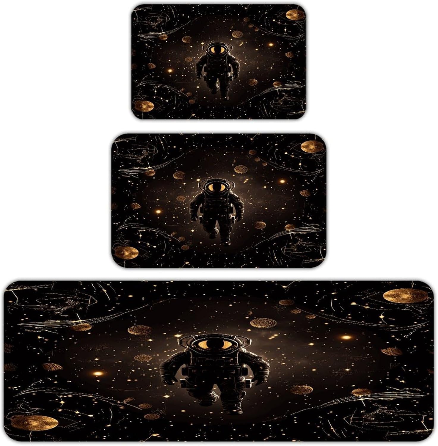 Black Gold Space Kitchen Rugs Set of 3 Non Slip Washable Kitchen Mats for Floor Soft Area Rug Kitchen Floor Mat Cushioned Anti Fatigue Mats Standing Sink Mat Decor Runner Rugs