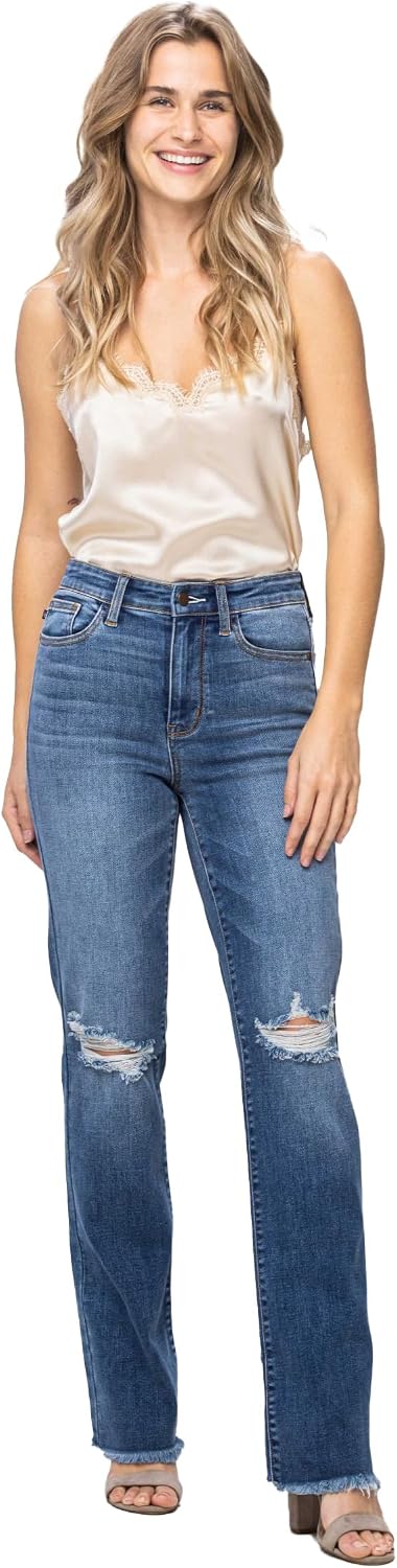 Judy Blue Women's High Waist Knee Destroy and Frayed Hem Straight Leg Jeans