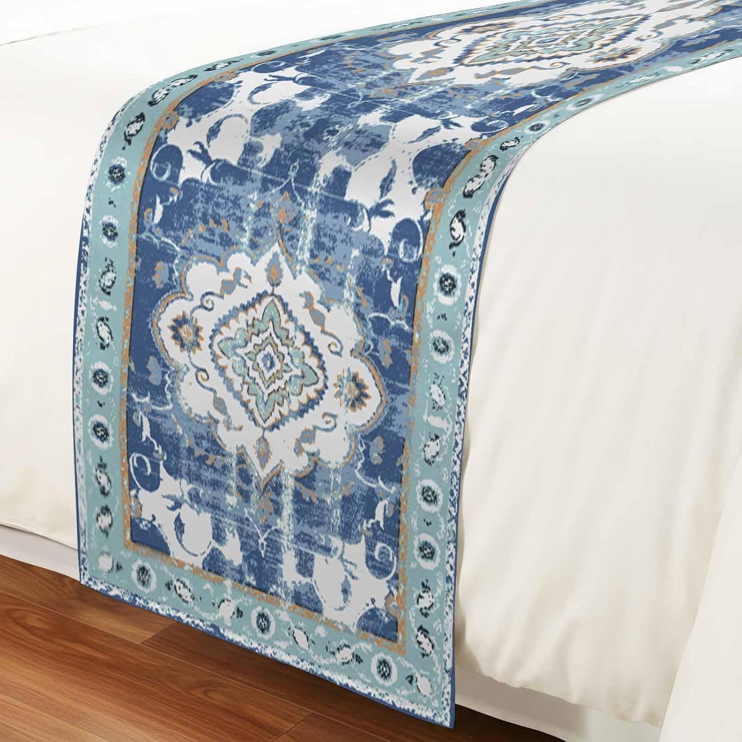 Blue Boho Bed Runner King Size, Farmhouse Bohemian Medallion Oriental Flower Bed Scarf Protector Slipcover for Bedroom Wedding Room Hotel, Bedding Runner Throws for Foot of Beds 94"x20"
