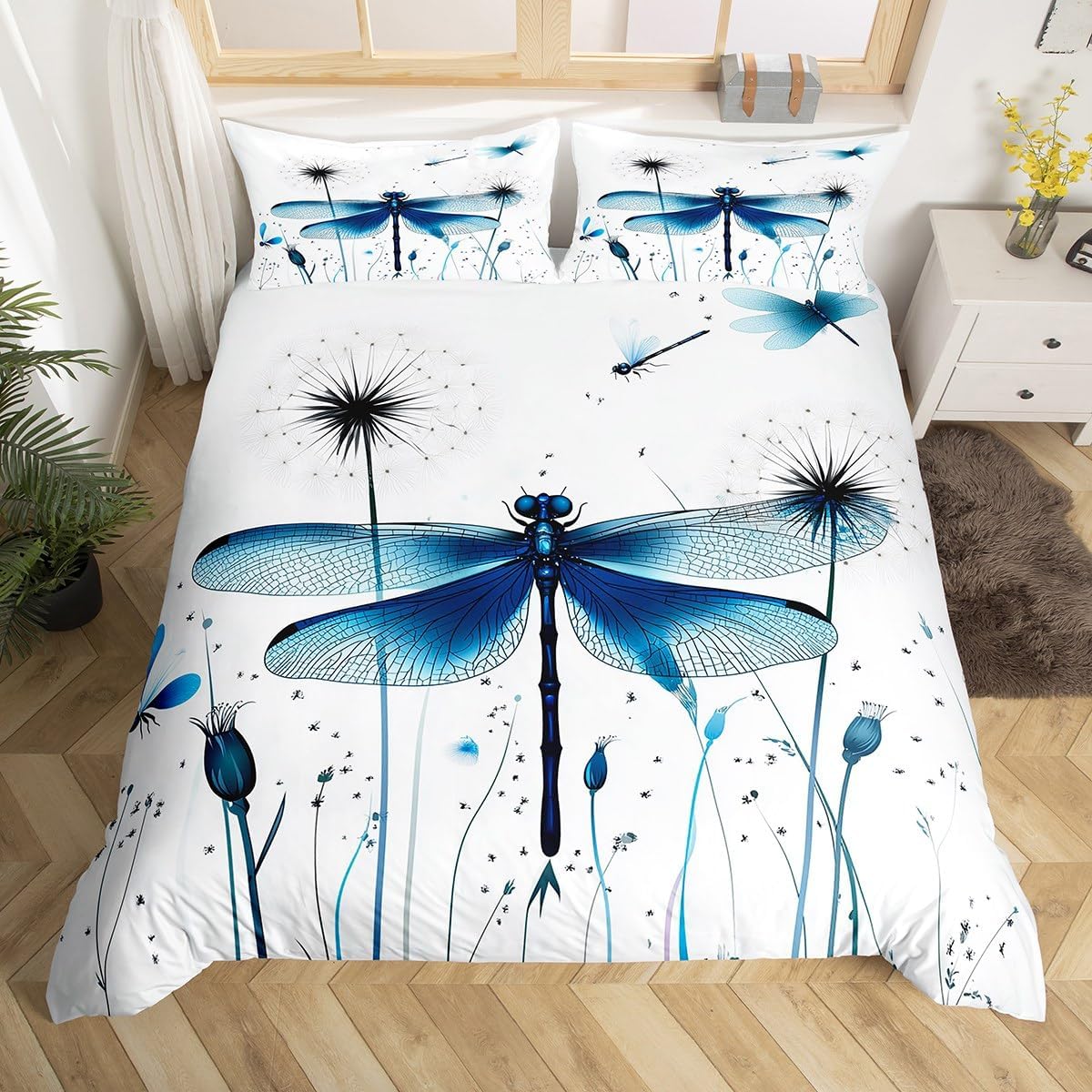 Navy Dragonfly Comforter Cover Queen Size Dandelion Bedding Set For Kids Boy Girls Room Decor Flower Wild Animals Duvet Cover Set Field Floral Fresh Natural Pastoral Spring Quilt Cover 3 Pieces Blue