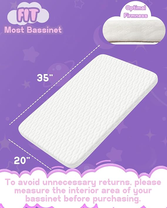 WELLZEE Rectangle Bassinet Mattress 35x20, fit for AirClub, AMKE 3in1, Besrey, Dream On Me Skylar, Evolur and Most Rectangle Bedside Sleeper, 100% Breathable Cover, Strong Supportive Foam