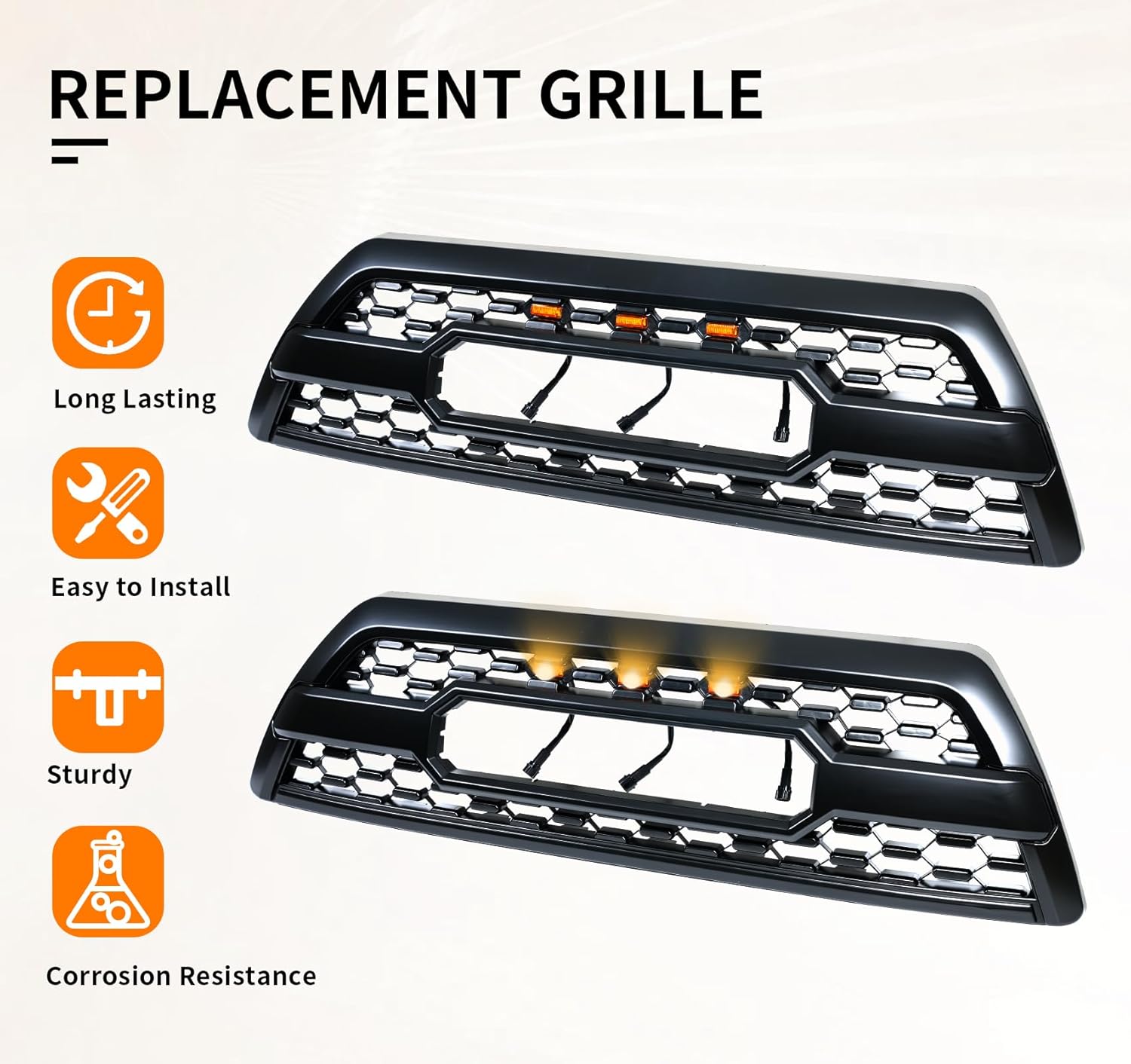 Front Grill Compatible With 4Runner 2006-2009 Matte Black Front Bumper Grille With Accessories/Letters/Amber Light Up