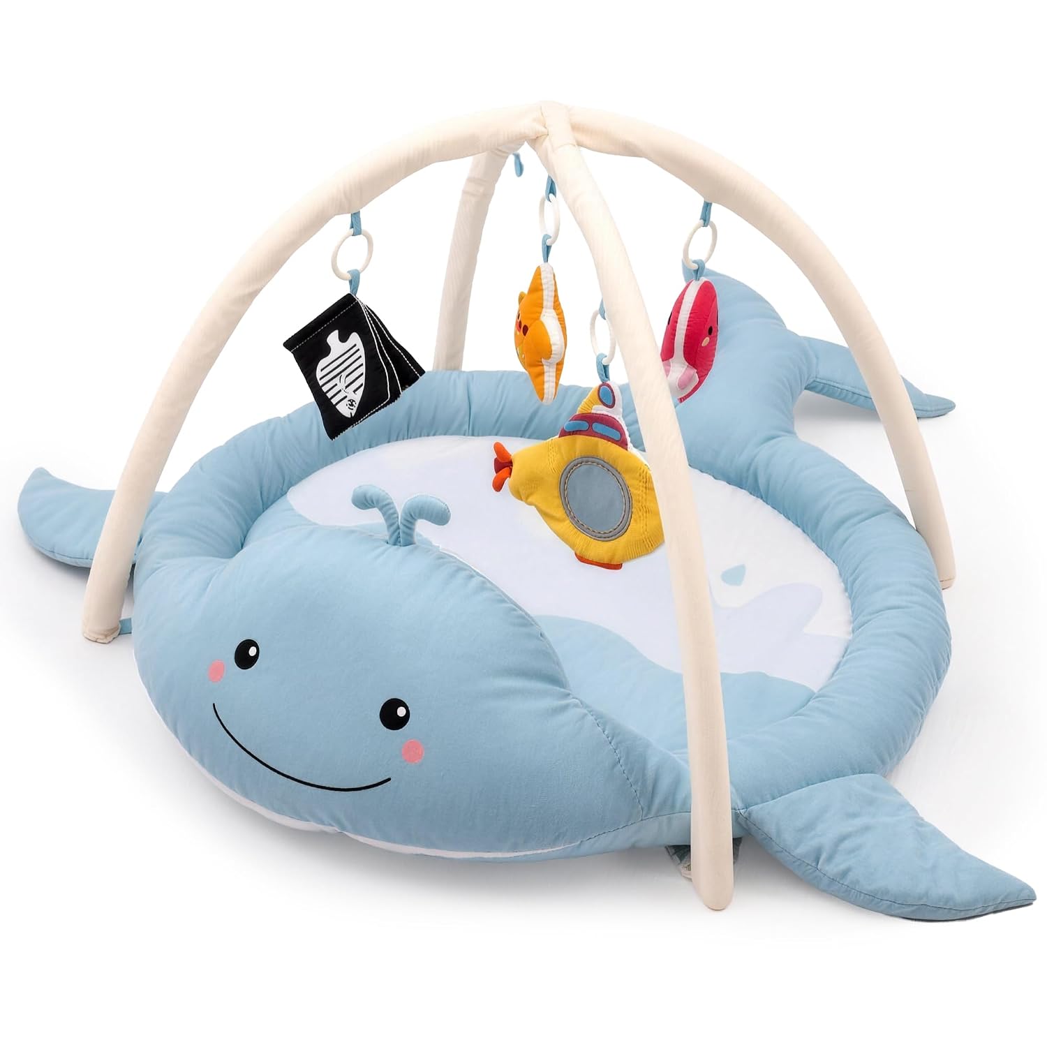 Baby Play Gym & Activity Mat, Whale Baby Play Mat with 5 Detachable Toys, Promotes Motor Skills & Sensory Development, Tummy Time Mat for Baby to Toddler, Blue | Soft Cotton Surface Cushioned Play Support 5 Hanging Sensory Toys Removable Cross Arches Encourages Reaching and Grabbing