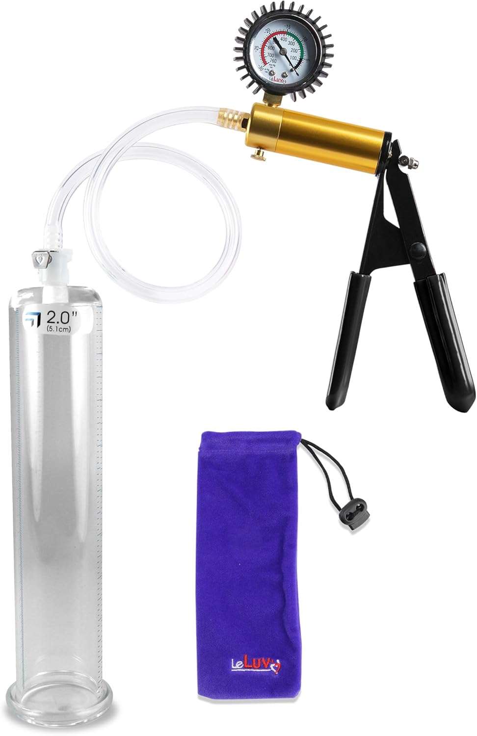LeLuv Penis Pump Ultima Kit - Aluminum Alloy Handle with Black Rubber Grips, Protected Gauge with Vacuum Range 0-30 Hg, Manual Pump, Clear Hose, Acrylic Vacuum Cylinder ID & Length 2.00" x 9"