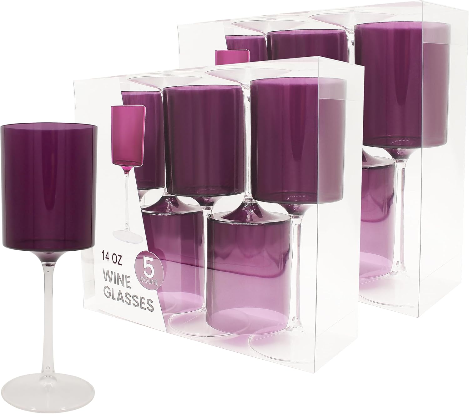 PARTY BARGAINS Plastic Wine Glasses 14 oz, Two-Tone Shatterproof Stemmed Party Cups for Weddings, Parties & Outdoor Entertaining, Purple & Clear, 10 Pack