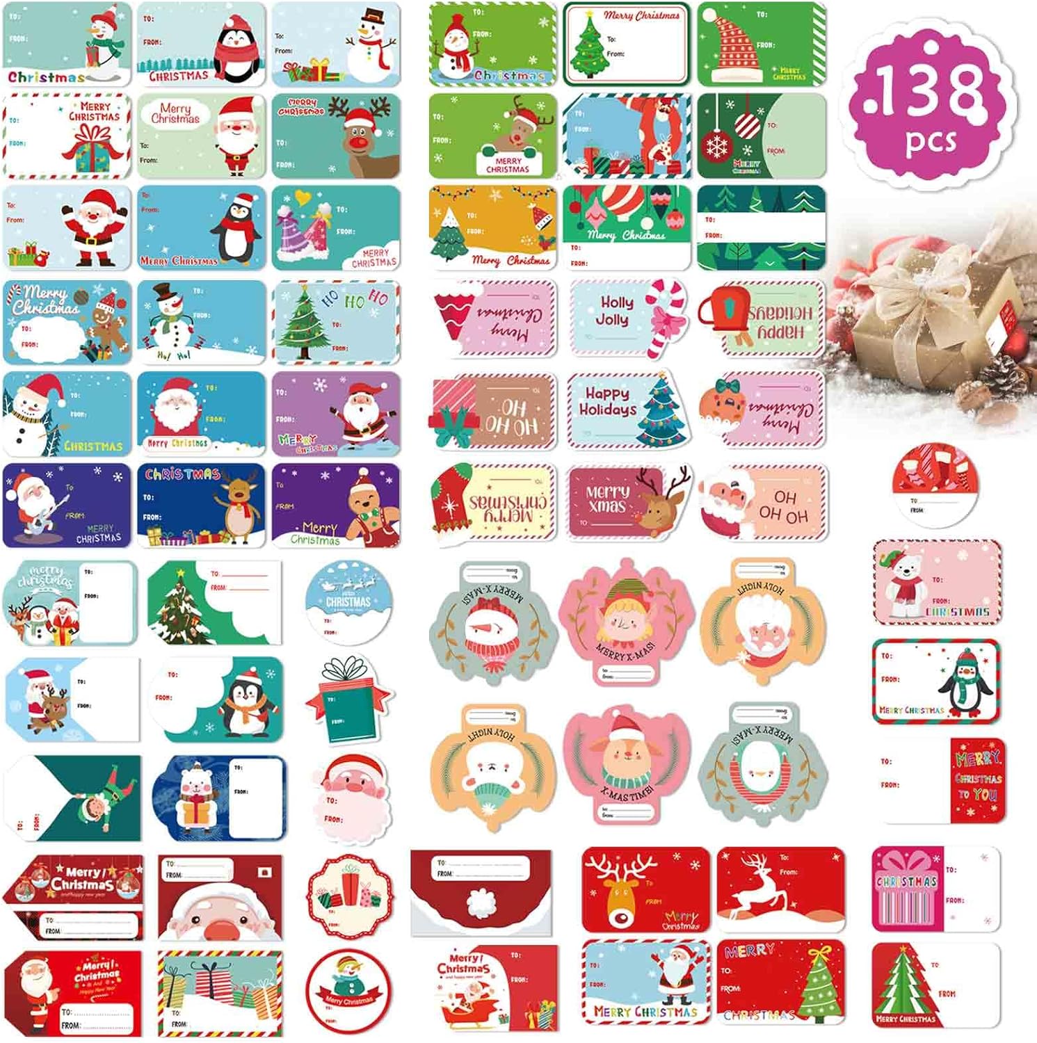 138PCS Christmas Gift Tags, Self Adhesive Christmas Name Tags Stickers, Christmas Labels Stickers Xmas Holiday Present Label